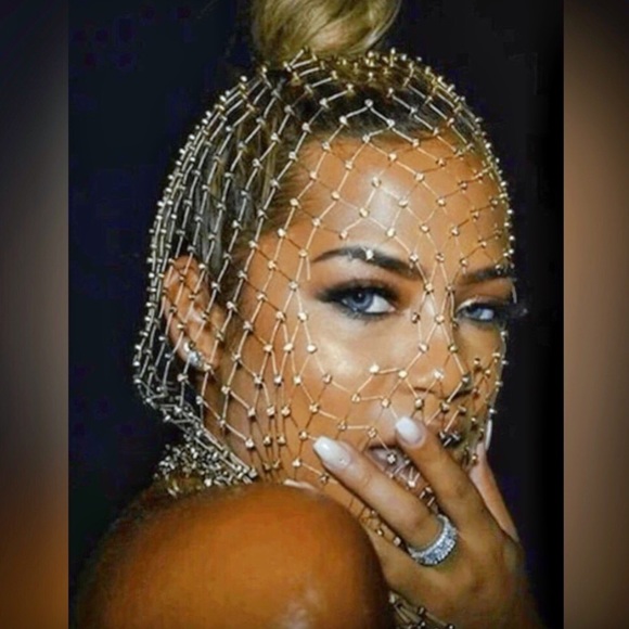 New Unique Mesh Face Mask / Headpiece Crystal Body Jewelry Veil Headscarf - Picture 5 of 16